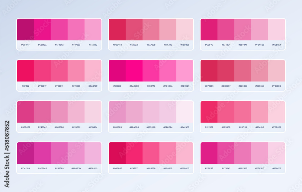 Set pink pantone color palette in rgb hex. Pink color catalog. neumorphic  style color palette for ui ux design Stock Vector