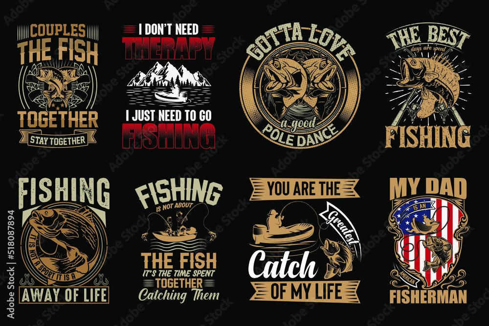 Fishing t-shirt design vector bundle, Fishing t-shirt collection