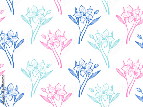 Daffodil or lily flowers vector seamless pattern textile print summer design.