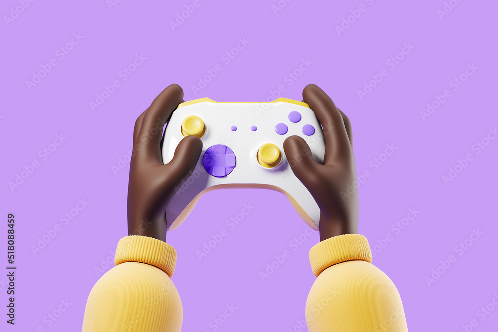 Cartoon african hands holding a joystick for playing on a console on a purple background. 3d rendering Cartoon african hands holding a joystick for playing on a console on a purple background. 3d rendering