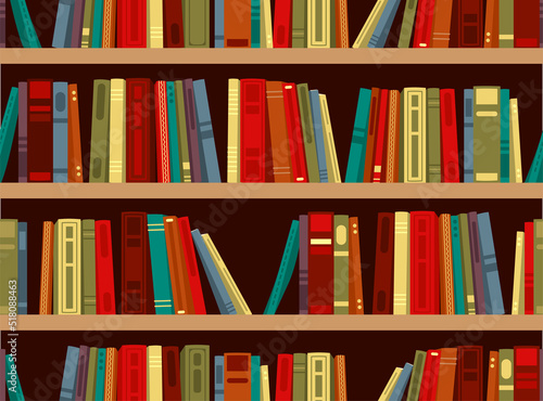 Vintage bookshelf stock pattern archive retro flat. School student wall library cover wallpaper bookstore wood rare set science fiction pile row stack wisdom textbook office study knowledge store
