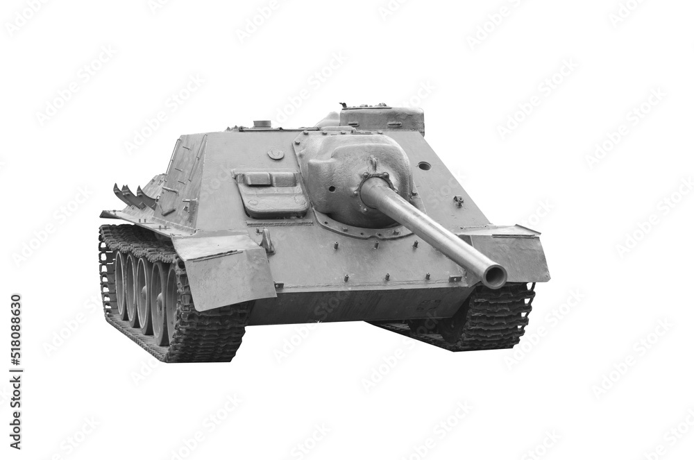 Black and white old military tank isolated