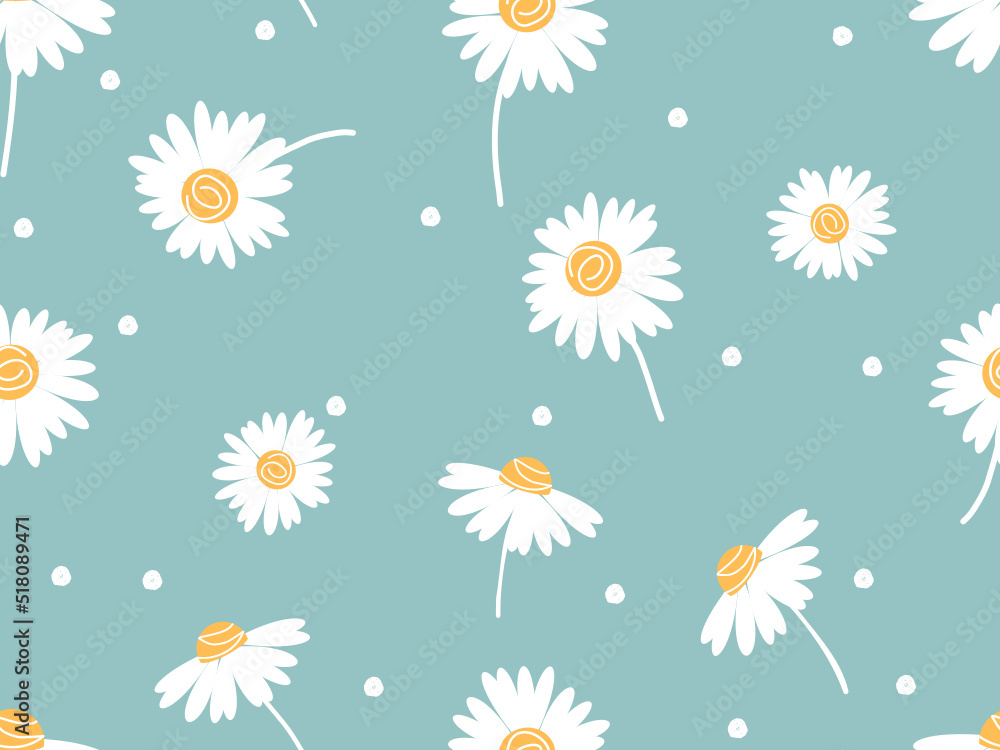 Seamless pattern with daisy flower and dots on green background vector. Seamless pattern with daisy flower and dots on green background vector.