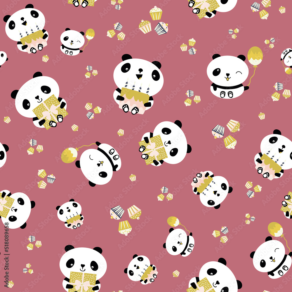 Kawaii panda Happy Birthday vector seamless pattern background. Cute backdrop with laughing cartoon bears holding cakes, balloons, cupcakes. Pink design. For baby and kids birthday celebration