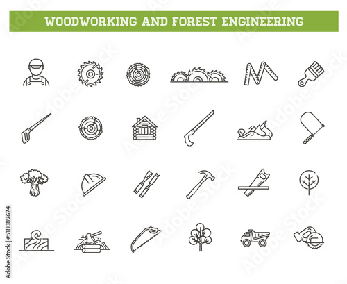 Logging, sawmill line icons. Instruments for working with wood. Forest Engineering