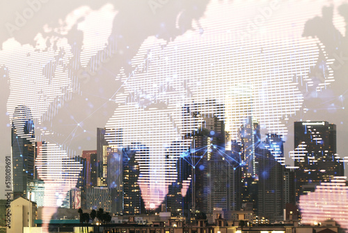 Double exposure of abstract digital world map on Los Angeles city skyscrapers background  research and strategy concept