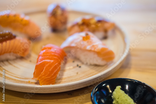 Fresh of salmon sushi. Selective focus