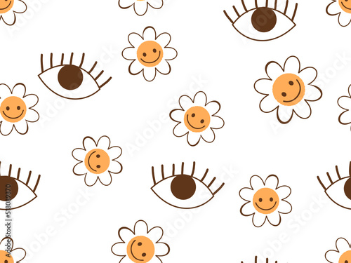 Seamless pattern with daisy flower cartoon and hand drawn eyes on white background vector.
