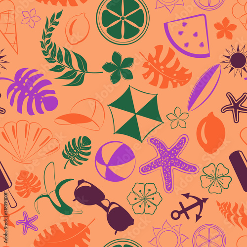 Seamless pattern of various items related to summer holidays at sea, multicolored on peach background