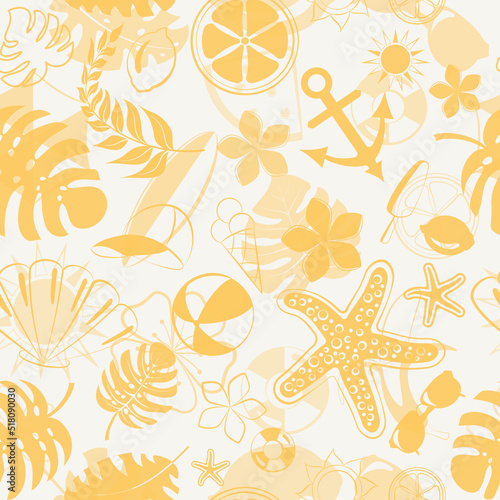 Seamless pattern of various items related to summer holidays at sea, yellow on white background