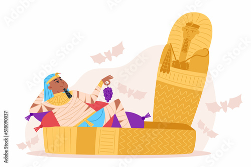 Egyptian Pharaoh lies in an open sarcophagus and rests, Halloween character