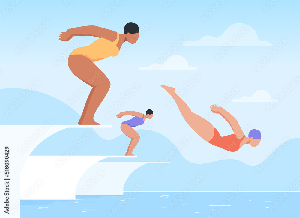Women in swimsuit diving into water flat vector illustration. Female divers or swimmers jumping from trampoline or diving board during high diving competition race. Sport, fitness concept