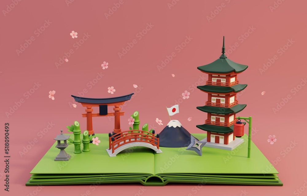 Fototapeta premium Pop up book with traditional symbols of architecture and culture of Japan. 3D Render Illustration.
