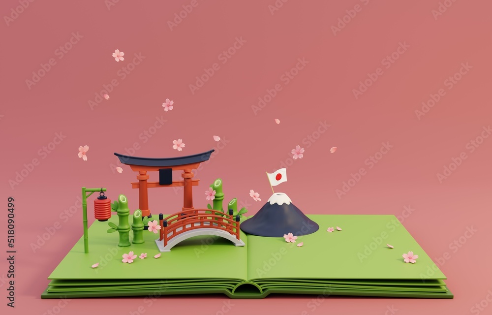 Obraz premium Pop up book with traditional symbols of architecture and culture of Japan. 3D Render Illustration.
