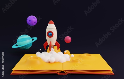 Pop Up Book with Rocket In Space. 3D Render Illustration. photo