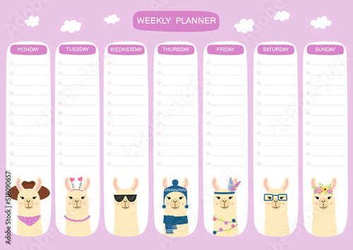 Weekly planner with cute llamas. Doodle flat style. Good for notebook, agenda, diary, organiser, schedule