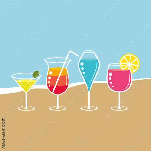 Beautiful and colorful cocktails on the beach. Vector avatar icon II.