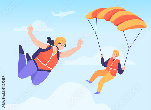 Male and female skydivers in air with parachute. Man and woman or paratroopers skydiving together  flying with paraglider flat vector illustration. Extreme sport  recreation  hobby concept
