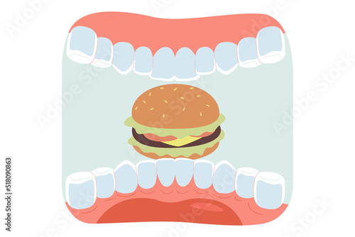 Burger in mouth flat vector illustration. Hungry person eating hamburger or cheeseburger. Fast food, unhealthy lifestyle concept for banner, website design or landing web page