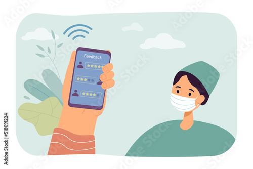 Phone with patients feedback and doctor flat vector illustration. Users rating therapist in mobile app. Medicine, health care, evaluation concept for banner, website design or landing web page