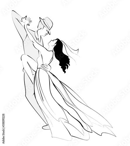 Stylized illustration of couple dancing tango. Isolated silhouette man and women in love. Image for icon or logo. Print for wedding or dance party. Black and white vector cartoon drawing.