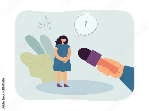 Girl with question mark above head speaking into microphone. Woman thinking about story to tell flat vector illustration. Journalism, interview concept for banner, website design or landing web page