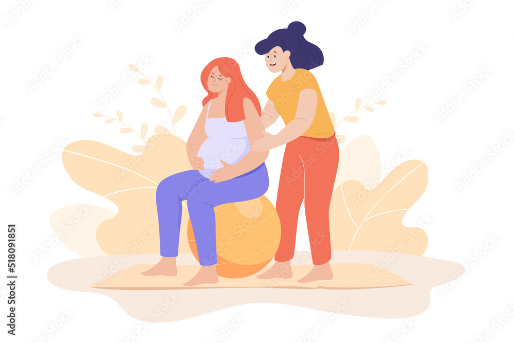 Trainer helping pregnant woman sitting on ball. Expecting mother doing exercises with female instructor or teacher flat vector illustration. Sport, fitness, meditation, physical activity concept Trainer helping pregnant woman sitting on ball. Expecting mother doing exercises with female instructor or teacher flat vector illustration. Sport, fitness, meditation, physical activity concept