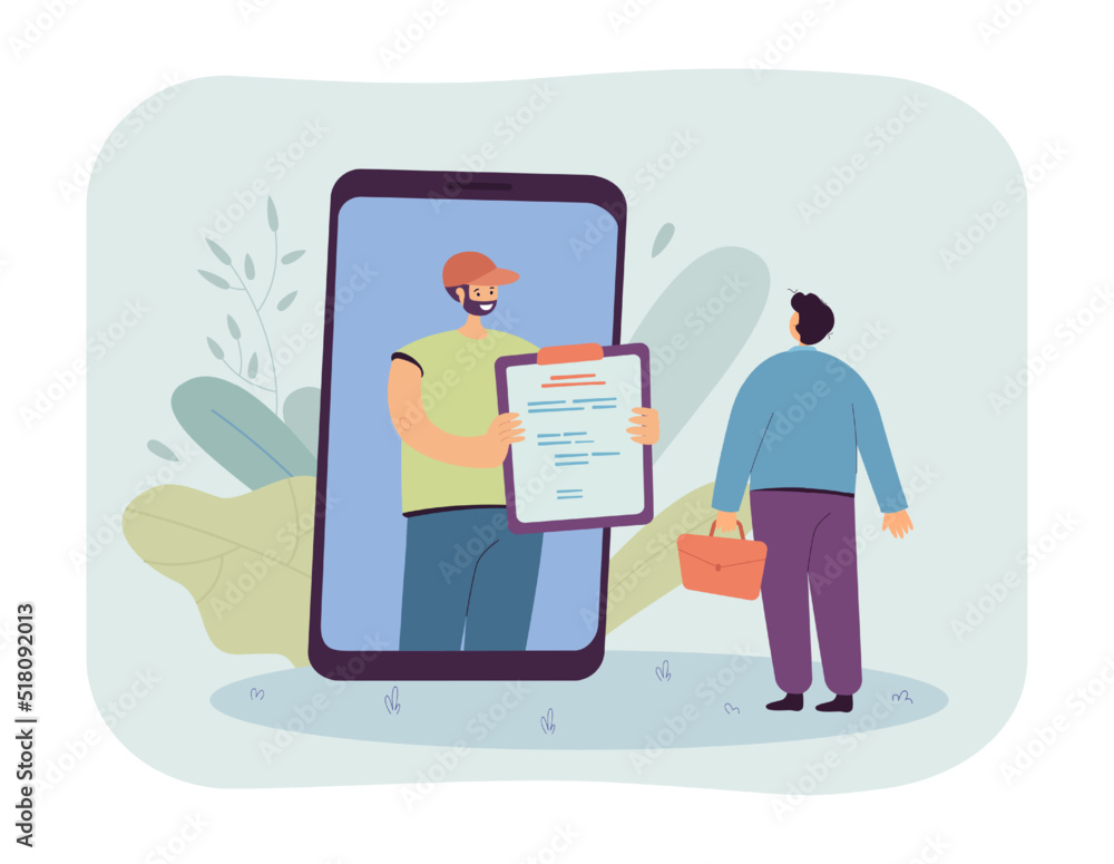Courier with clipboard on phone screen flat vector illustration. Man doing purchases using mobile. Online shopping, delivery service concept for banner, website design or landing web page Courier with clipboard on phone screen flat vector illustration. Man doing purchases using mobile. Online shopping, delivery service concept for banner, website design or landing web page