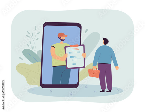 Courier with clipboard on phone screen flat vector illustration. Man doing purchases using mobile. Online shopping, delivery service concept for banner, website design or landing web page