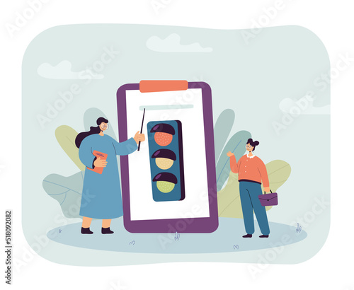 Teacher explaining traffic signal flat vector illustration. Clipboard with traffic light. Education, security, warning, protection concept for banner, website design or landing web page