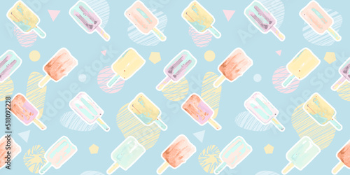 Pattern in vector with ice lollies. Refreshing colored ice creams on ink spots