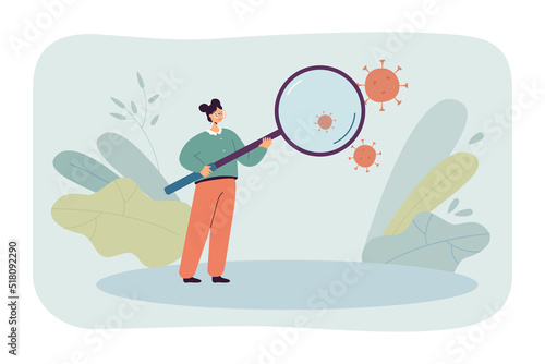 Girl looking at coronavirus bacteria through magnifier. Woman examining germs  flu  influenza or virus cells flat vector illustration. Science concept for banner  website design or landing web page
