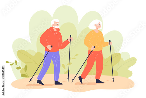Senior couple doing Nordic walking flat vector illustration. Elderly man and woman exercising with Scandinavian sticks outdoor, taking care of health. Physical activity, sport, fitness concept