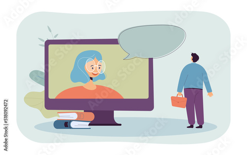 Man looking at woman on computer screen flat vector illustration. Person watching webinar or lecture online. Occupation, education concept for banner, website design or landing web page