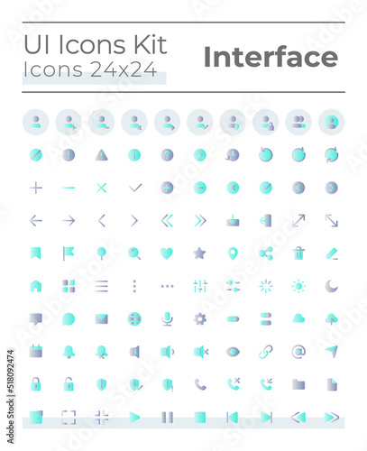 Comprehensible and simple looking flat gradient color ui icons set. System settings. Music player. Vector isolated RGB pictograms. GUI, UX design for web, mobile. Montserrat Bold, Light fonts used
