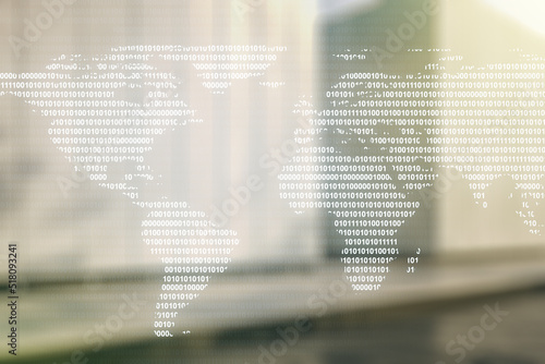 Double exposure of abstract digital world map on modern business center exterior background, research and strategy concept