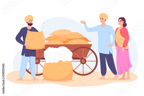 Indian cartoon farmer sacks of cotton. Agricultural farm business, village in Maharashtra, rural people buying cotton from man flat vector illustration. Agriculture, farming, India concept for banner