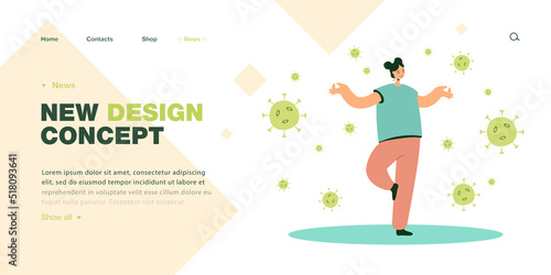Girl staying in tree pose surrounding by germs. Woman keeping calm during pandemic and coronavirus spread flat vector illustration. Virus, flu concept for banner, website design or landing web page