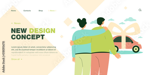 Couple looking at car tied with ribbon flat vector illustration. Wife and husband getting auto as gift or buying. Transportation, family, vehicle concept for banner, website design or landing web page