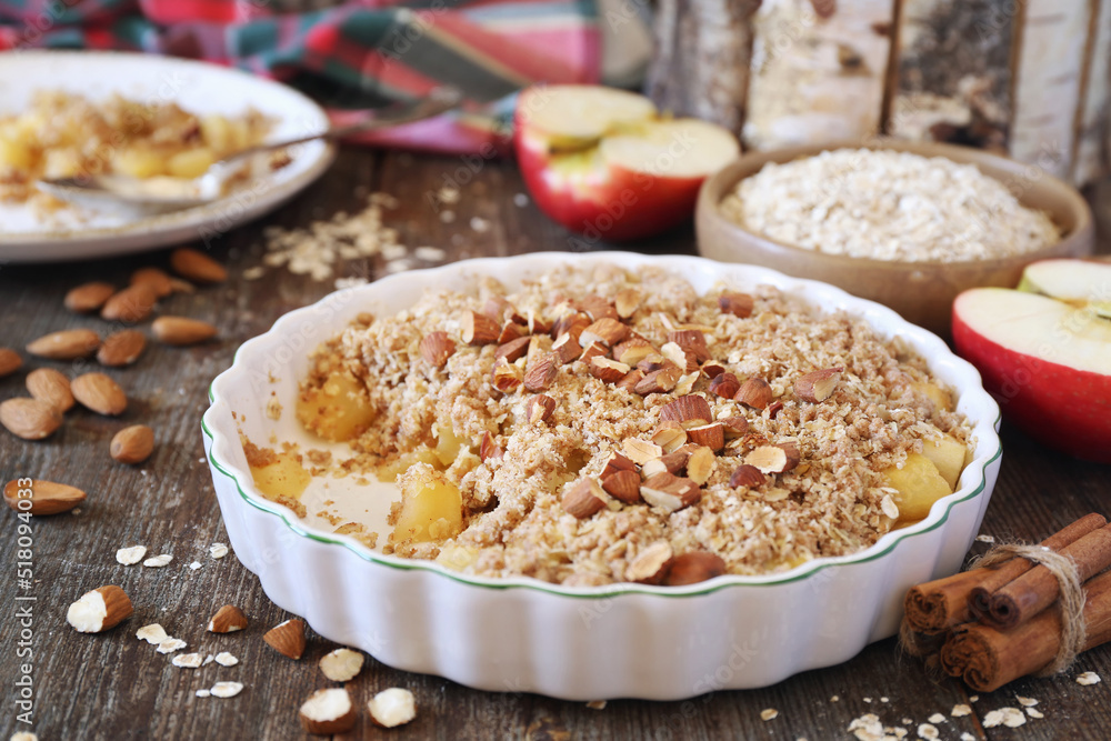 Fresh apple crumble from oatmeal, almondes dressing for healthy breakfast Fresh apple crumble from oatmeal, almondes dressing for healthy breakfast
