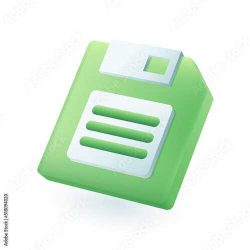 Green floppy disc 3D icon. Retro device for memory or digital data storage, vintage electronic equipment for office work 3D vector illustration on white background. Technology, information concept