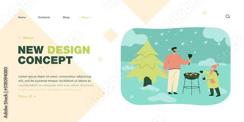 Cartoon father and daughter grilling food outside in winter. Man and girl having barbecue in snowy weather flat vector illustration. Family, winter holidays, outdoor activities concept for banner