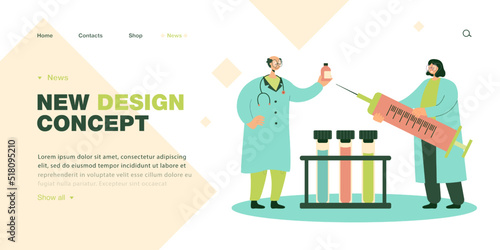 Cartoon doctors or scientists working on vaccine in laboratory. Medical professional holding huge vaccine syringe flat vector illustration. Medicine, treatment concept for banner or landing web page