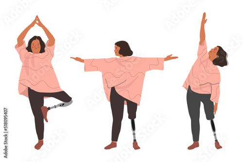 Disabled Girl doing Yoga. Set of Yoga exercises. Concept of Diversity and equality. People with Disabilities, Prosthesis, amputation, Inclusion. Flat vector illustration.