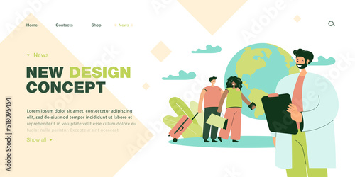 Couple taking PCR test to travel to another country. Man and woman with luggage next to doctor flat vector illustration. Medical examination concept for banner, website design or landing web page