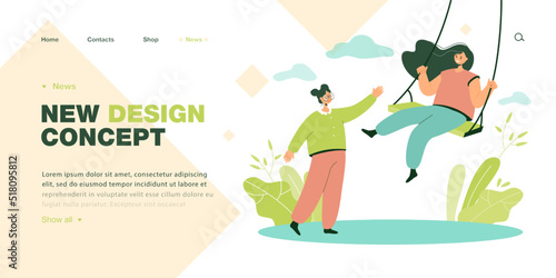 Girl swinging with friend on swing flat vector illustration. Female friends spending time together on playground or park. Friendship, leisure concept for banner, website design or landing web page