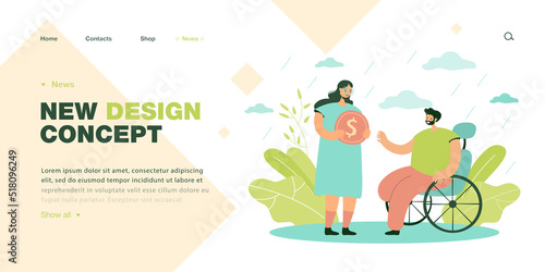 Elderly woman giving money to man in wheelchair. Old lady offering gold coin to person with physical disability flat vector illustration. Disability  charity concept for banner or landing web page