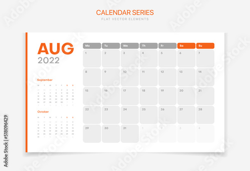 Planner diary in a minimalist style. Corporate and business calendar. Monthly calendar template for august 2022 year