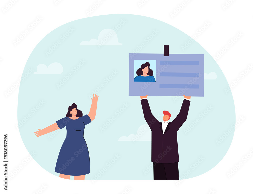 Manager or employer holding ID card of new worker. Employee getting identification card flat vector illustration. Employment, recruitment, identity concept for banner, website design or landing page