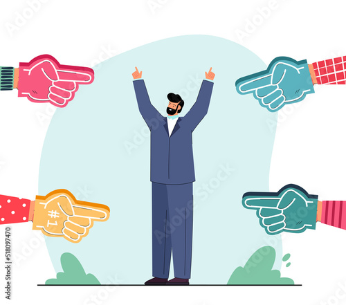 Foam fingers pointing at happy politician. Supporters cheering for man in suit flat vector illustration. Support, politics, public opinion concept for banner, website design or landing web page